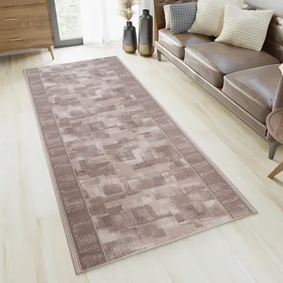 Produktbild von Läufer Teppich Meterware Flur Brücke Wohnzimmer Schlafzimmer Kurzflor Modern Design Rutschfest Grau Beige Verwischt Figuren Küche 67 x 570