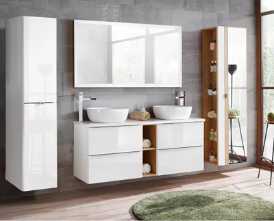 Produktbild von Badezimmer Set weiß Hochglanz mit Keramik-Doppel-Waschtisch TOSKANA-56 LED-Touch-Spiegel, BxHxT ca. 260/200/46 cm