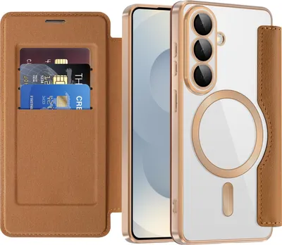 Produktbild von Klapphülle für Samsung Galaxy S26 Kompatibel mit Magsafe, Klar Überzug Kartenhalter Ledertasche mit Kameraschutz Braun