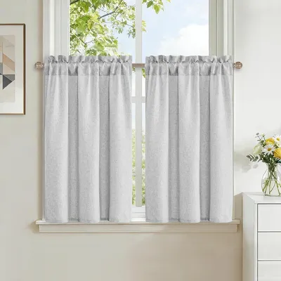 Obrázek produktu pro Krátké závěsy, světle šedé, rolety do kuchyně, rozměry 120 cm (výška) x 60 cm (šířka), sada 2 kusů, závěsy s vzhledem lnu, moderní design, s průchodkou pro tyč, vhodné jako závěsy do bistra nebo obývacího pokoje