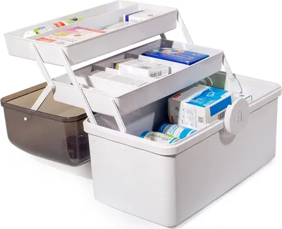 Produktbild von Theo&Cleo Medikamenten Aufbewahrung, Medizinbox, Hausapotheke Box, Apothekenbox, Medizinkoffer Groß (Weiß-39cm)