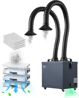 A welding fume extractor with dual hoses and filters, shown with diagrams illustrating its function.