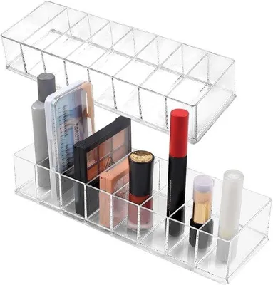 Imagen del producto de Ibenzoa® Juego de 2 organizadores transparentes de acrílico para maquillaje, con 8 compartimentos, 25 x 8,5 x 4,7 cm por organizador, compartimentos de 7,5 x 2,7 cm