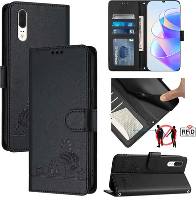 Produktbild von Leder Hülle für Huawei P20 Süße Katze Flip Case Brieftasche Schutzhülle mit Standfunktion Schwarz