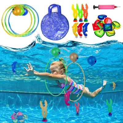 Produktbild von Schwimmbadspielzeug – Tauchspielzeug – Tauchringe – Wasserspielzeug – Geschenk für Kinder von 5-12 Jahren – 3 Tauchringe mit Luftpumpe