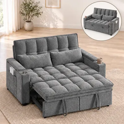 Produktbild von Schlafsofa 3-in-1, 2-Sitzer mit Schlaffunktion, ausziehbare Schlafcouch mit Armlehnen-Stauraum, Getränkehaltern und Lendenkissen, Gästebett, Grau