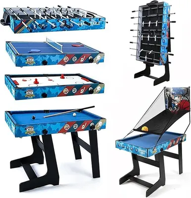 Productafbeelding van 5-in-1 multifunctionele tafel voor binnen, met onder andere een biljarttafel, tafelvoetbal, tafeltennis, airhockey en een basketbalspel voor kinderen. Opklapbare multifunctionele speeltafel met accessoires.
