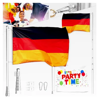 Produktbild von Fahnenmast aus Aluminium, teleskopierbar – höhenverstellbar – Set mit zwei Flaggen und Bodenhülse – geeignet für Garten und Balkon, Deutschlandflagge