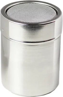A stainless steel powder shaker with a mesh lid.