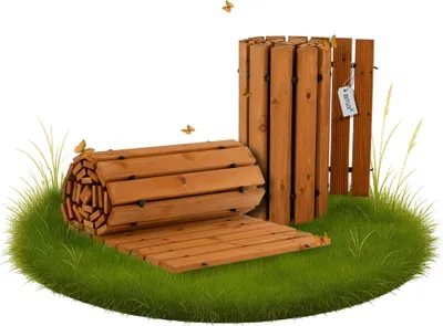 A rolled-up wooden pathway and a standing section of wooden fencing are displayed on a patch of grass, with butterflies flying around.