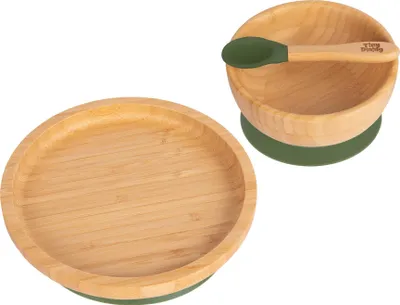 Produktbild von 3pc Olivgrün Kinder Bambus Runden Teller, Schüssel & Löffel-Set mit Silikon-Saugnapf - Segmentiertes Design Baby & Kleinkind Entwöhnung Geschirr - Umweltfreundlich & Biologisch Abbaubar - Von Tiny Dining
