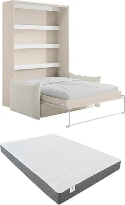 Produktbild von Schrankbett 140 x 200 cm - Manuelle vertikale Öffnung - Mit LEDs - Beige + Matratze + Sofa - RAPILI