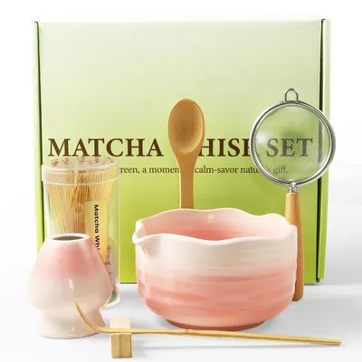 Immagine prodotto di Set da tè Matcha, 7 pezzi, in Vetroceramica e bambù, color rosa, per la tradizionale cerimonia del tè, completo di ciotola, cucchiaino, frustino, setaccio e supporto