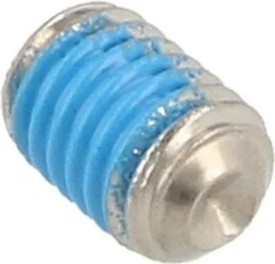 A close-up studio shot of a single threaded screw with blue material in the threads.