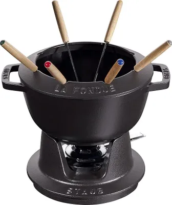 Imagen del producto de Juego de fondue con 6 tenedores, de hierro fundido, 20 cm, 2,3 litros, ideal para fondue de queso, chocolate y carne, fabricado en Francia, color