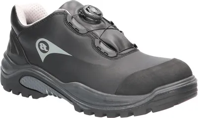 A single black work shoe is shown from a side-diagonal angle against a white background.