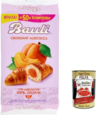 Produktbild von 12x Bauli Cornetti Albicocca Croissant Aprikose brioche kuchen 100% Italienische Aprikosen (6 x 50g) 300g + Italian Gourmet polpa 400g