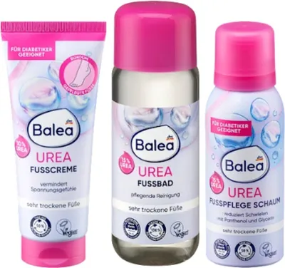 Obrázek produktu pro Sada péče o nohy Balea Urea pro velmi suché nohy, 3dílná: obsahuje koupel na nohy, pěnu na nohy a krém na nohy s obsahem 15 % ureie pro intenzivní hydrataci