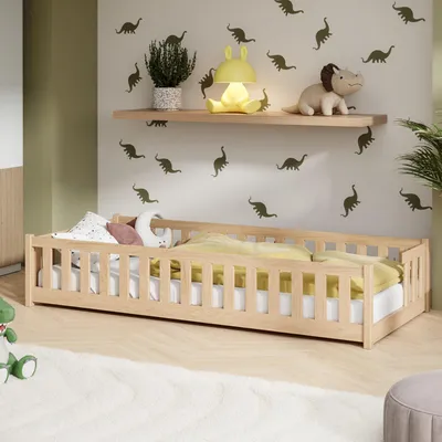 Produktbild von Kinderbett Bodenbett mit Rausfallschutz Lattenrost und Matratze Montessori Bett Bed Gitterbett Kinder Jugendbett Einzelbett | 80x180 cm | Natur