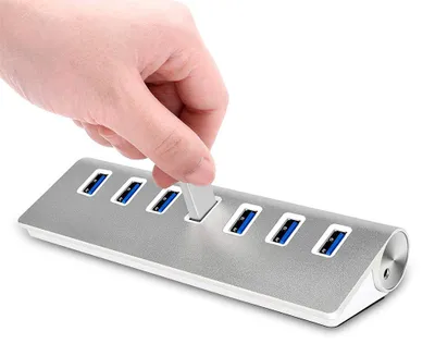 Obrázek produktu pro USB 3.0 rozbočovač, 7 portů, hliníková slitina, přenos dat 5 Gbps, s 20W napájecím zdrojem, vhodný pro PC, notebook, externí disky