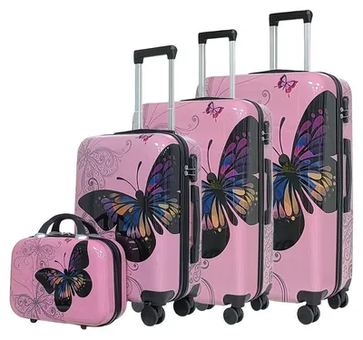 Produktbild von Kofferset – Rosa 4-teiliges Reisekofferset mit Schmetterlingsdesign, aus ABS und Polycarbonat (hartschalig) mit Spinner-Rädern
