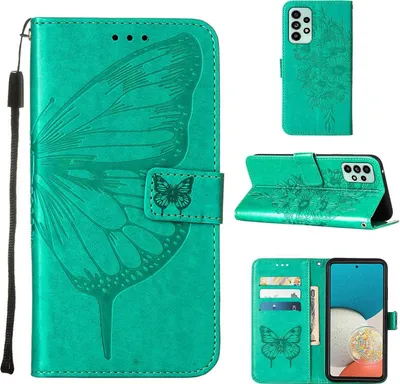Produktbild von Galaxy A53 5G Hülle, Schmetterling Prägung Flip Leder Kartenfächer Schutzhülle Ledertasche mit Ständer für Samsung Galaxy A53 5G Grün