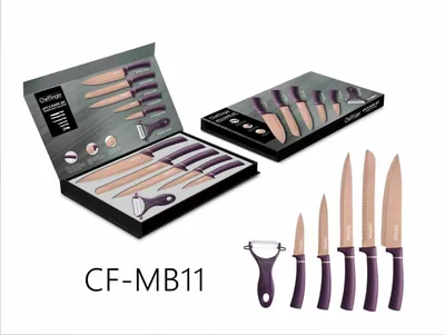 Produktbild von 6 teiliges Messerset Lila Gold Edtition (5 Messer & 1 Sparschäler) Edelstahl in Klappbox mit Magnetverschluss scharfe Messerklingen Motiv 2