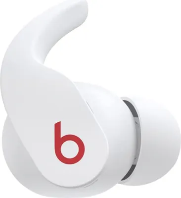 A close-up, studio shot of a white Beats Fit Pro earbud with a red Beats logo.