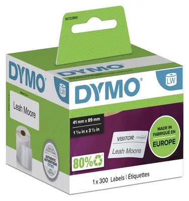 Obrázok produktu pre DYMO LW štítky na menovky, biely papier, 41 mm x 89 mm, Biela, Samolepiaci štítok, Papája, Odnímateľné, Obdĺžnik, LabelWriter