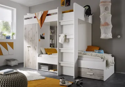 Produktbild von Hochbett "MAXI" Jugendbett Kinderbett Bett mit Stufen Kleiderschrank Bettkasten Weiß Sandeiche