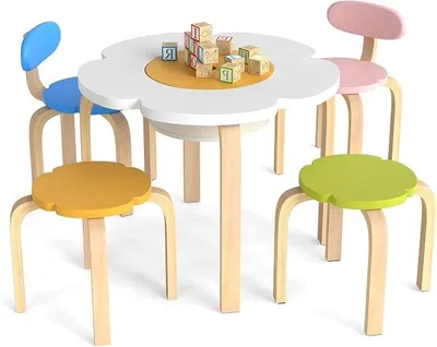 Produktbild von Kindertisch mit 4 Stühlen, Holz Kindersitzgruppe mit Stauraum, Blumenförmiger Maltisch & Basteltisch Set für 3-8 Jahre Kinder, Kinder-Spiel-Tisch für Kinderzimmer, Kindergarten