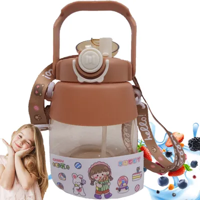 Produktbild von 1L Kinder Trinkflasche mit Strohhalm und Trageband | Ideal für Schule & Kindergarten | Wasserflasche auslaufsicher