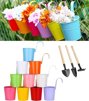 Produktbild von 10+3er Set Blumentöpfe zum Aufhängen Hängend aus Metall, Hänge Garten Töpfe für Balkon, Zaun, Garten, Wand, Robuster Hängetopf mit Abnehmbarem Haken