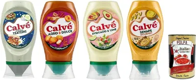 Produktbild von Calvé Testpaket Sauce,Würzsoße Senape Gourmet - Agro & Dolce - Tzaziki - Avocado- und Limette, Glutenfrei Würzsauce, Top Down 4x 250ml + Italian Gourmet polpa 400g