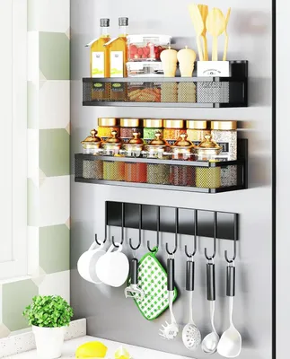 Produktbild von Magnetische Gewürzregal für Kühlschrank, 3er Küchenregal Hängend, Ohne Bohren, Gewürz Organizer mit 8-Haken-Regal, Schwarz