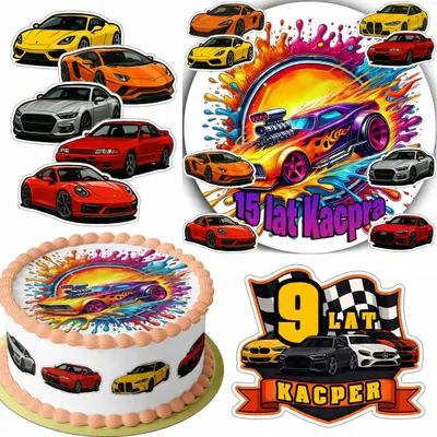 Produktbild von Zestaw Opłatek Na Tort 20Cm + 16 Postaci - Auta Wyścigowe + Imię 15Cm 18Cm