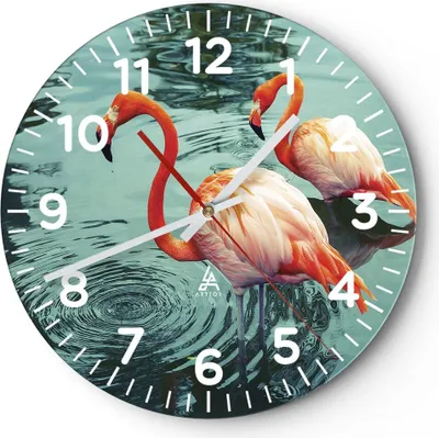 Produktbild von Wanduhr - Rund - Glasuhr - Rosa Flamingos Wasser - 30x30cm - Schleichendes Uhrwerk - Lautlos - zum Aufhängen bereit - Dekoration Modern - Wanddekoration aus Glas - C4AR30x30-4203