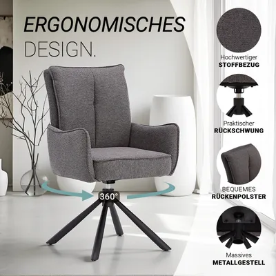 Produktbild von Homestyle4u Esszimmerstuhl drehbar mit Armlehnen Polsterstuhl Armlehnenstuhl Grau Anthrazit Stoff