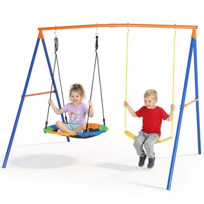Produktbild von LEADZM Kinderschaukel 2-in-1 Schaukel Set mit Schaukelteller & Gürtelschwinge, Wetterfestes Schaukelgestell für Kinder, 210x170x180cm