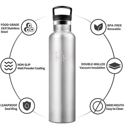 Produktbild von Edelstahl Trinkflasche 1L, Auslaufsicher, Doppelwandig, BPA-frei, Thermosflasche