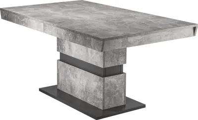 Produktbild von byLIVING Esstisch Matthew, 160-215x90 cm, Tischplatte und Säule Melamin Light Atelier mit Applikation in dunkelgrau, Bodenplatte Melamin dunkelgrau