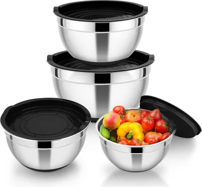 Obrázok produktu pre HaWare sada miešacích misiek z nehrdzavejúcej ocele 4-dielna šalátová misa s vekom silikónová základňa 4,6 l 2,8 l 1,5 l 0,7 l