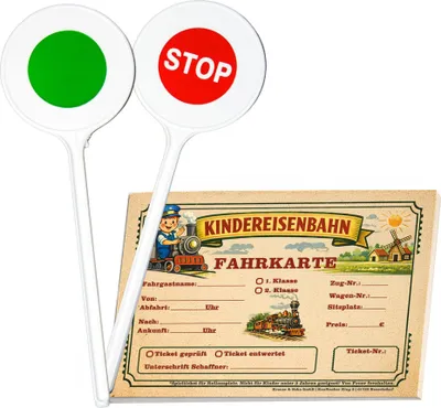 Fahrkartenblock Kindereisenbahn mit Signalkelle, Vorderansicht auf weißem Hintergrund.
