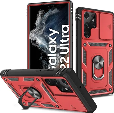 Produktbild von Galaxy S22 Ultra 5G Hülle, Schiebe Kamera Schutz Robust Rüstung Stoßfest Schutzhülle mit Ringhalterung Ständer Kartenhalter für Samsung Galaxy S22 Ultra 5G Rosa