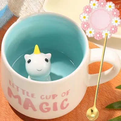 Immagine prodotto di Tazza a forma di unicorno 3D, con cucchiaino e piattino, in Vetroceramica, capacità 350 ml. Idea regalo