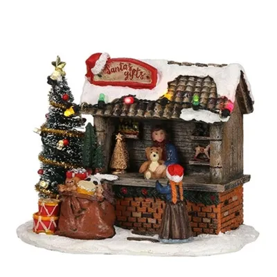 Productafbeelding van Luville Kerstdorp Miniatuur Santa's Gifts Cadeaukraam - Kerstversiering met Verlichting - Kerst Decoratie voor Binnen - Werkt op Batterijen of Adapter - L14 x B9 x H11 cm - Meerkleurig