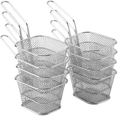 Zdjęcie produktu dla Zestaw 8 mini koszyczków do smażenia ze stali nierdzewnej – idealne do frytek, krewetek i krążków cebulowych – praktyczny filtr do resztek frytek