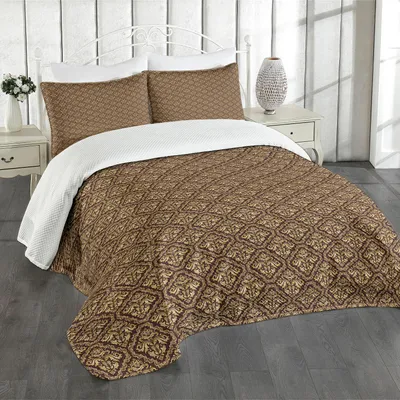 Immagine prodotto di ABAKUHAUS Set copriletto damasco giallo, stile barocco floreale in cornice geometrica simmetrica, 264 x 220 cm, terra giallo giallo pallido