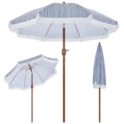 Three views of a striped beach umbrella on a white background.