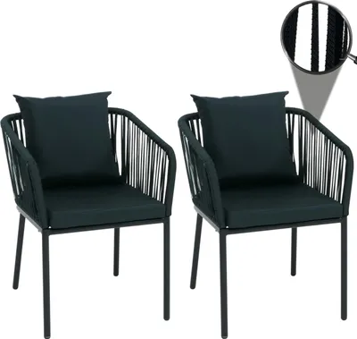 Produktbild von 2er-Set Gartenstuhl HWC-N41, Outdoor Armlehne, wetterfest Aluminium Seilgeflecht Rope  dunkelgrün, Kissen dunkelgrün